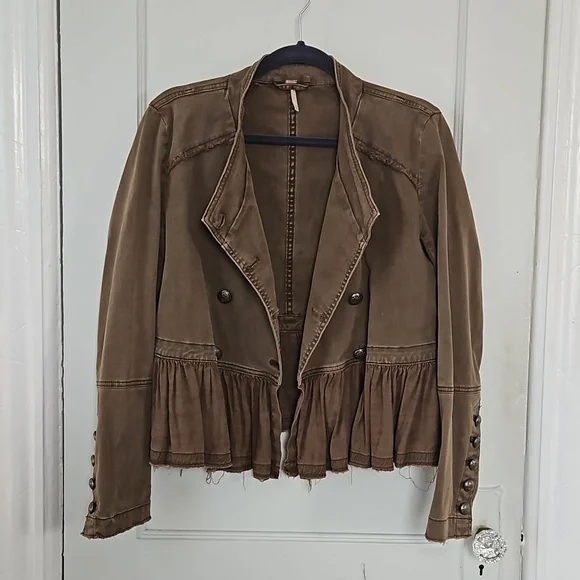 Free People Ruffle Hem Military Jacket- Olive Green -S - Picture 3 of 11